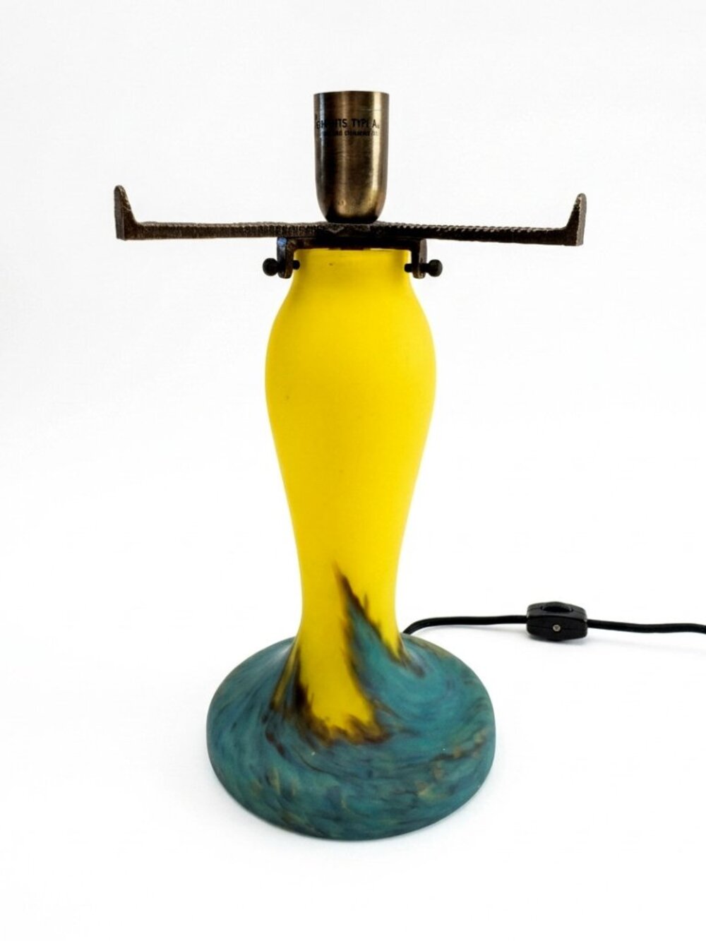 VTG Pate De Verre Style Art Glass Lamp Base Yellow Blue Swirl 11.5” Taiwan